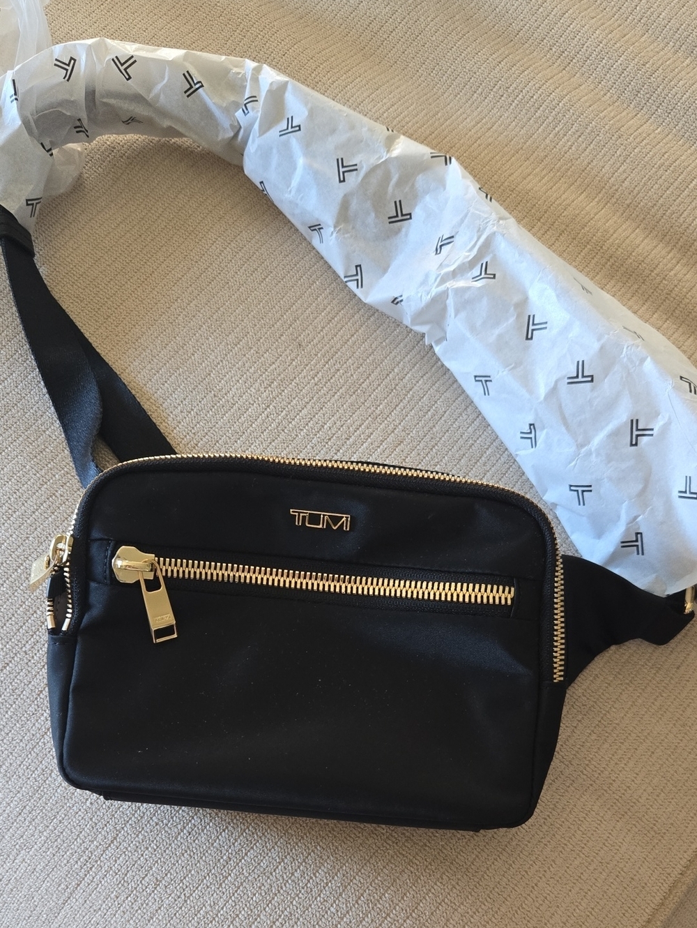 Tumi Black Belt Bag with Gold Hardware